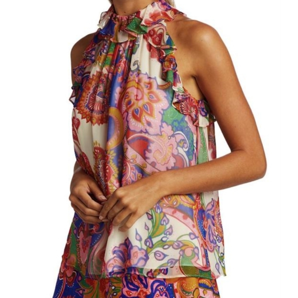 Zimmermann Multicolor Paisley Halter Ruffle Neck Silk Top